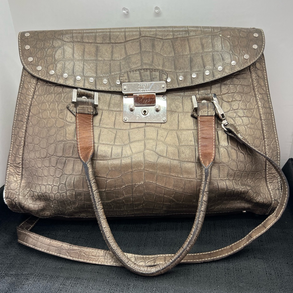 Vintage Dooney & Bourke Crocodile Embossed Metallic Bronze Leather Tote Bag